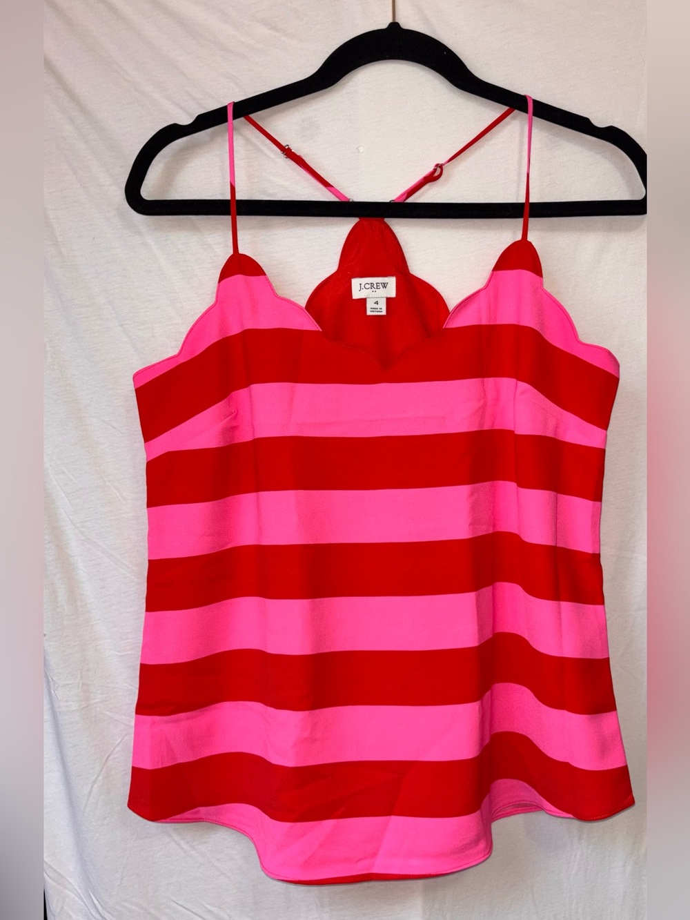 J. Crew Pink and Red Striped Spaghetti-Strap Scalloped Tank